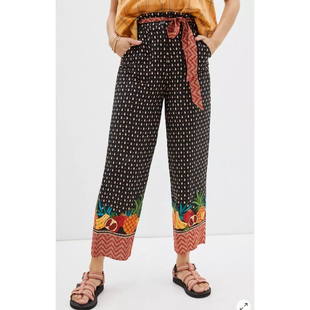 NWT: Farm Rio Tucker Paperbag Pants Black Polka Dot Anthropologie XS Women Fruit